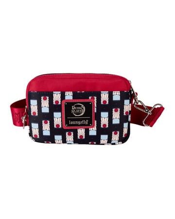 MER BOLSO: DEAMON SLAYER BANDOLERA ROJA, LOGOS CON FONDO NEGRO